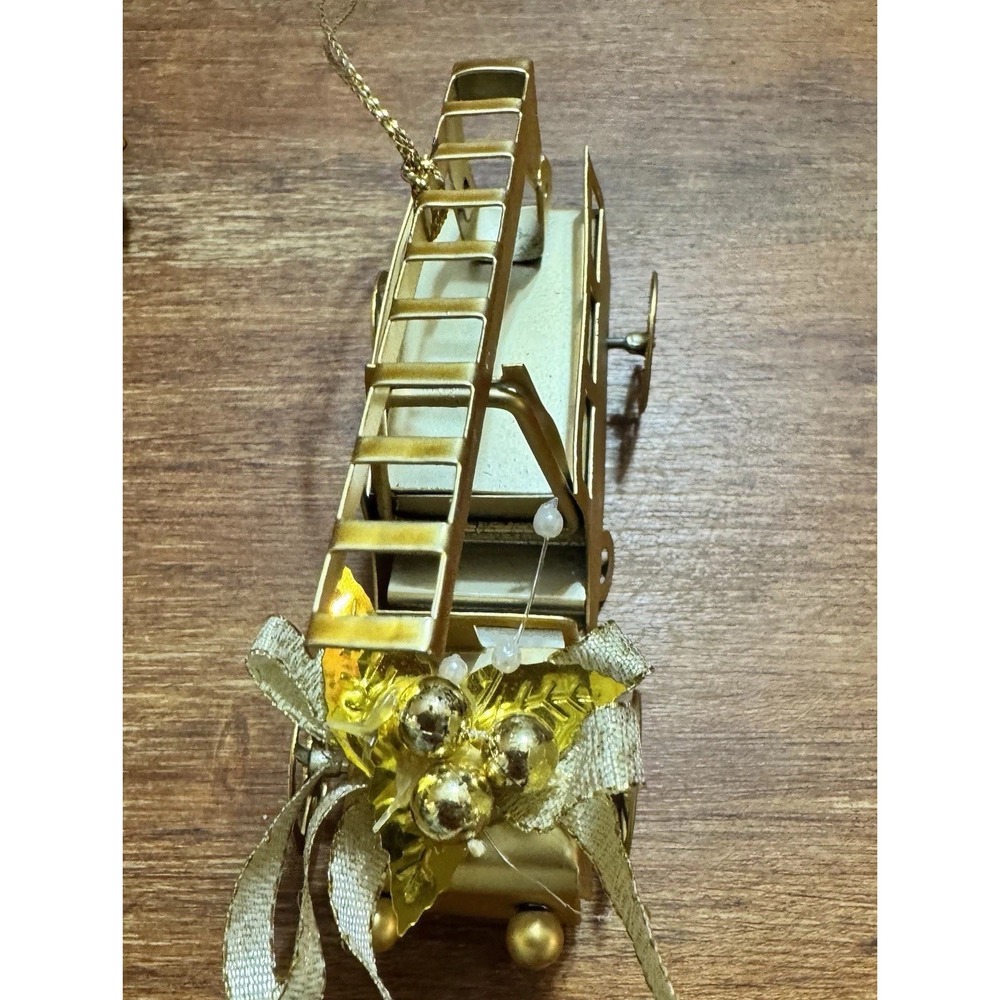 Vintage Gold Toned Metal Christmas Ornaments Featuring A Fire Truck And Boat - Picture 9 of 16